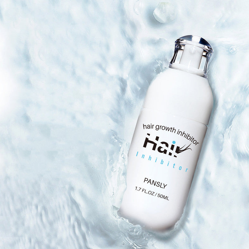 A white bottle labeled PANSLY Hair Removal Cream floats on a light, watery background. The silver-capped 100ml bottle is from PANSLY and contains plant-based oils for silky-smooth skin.