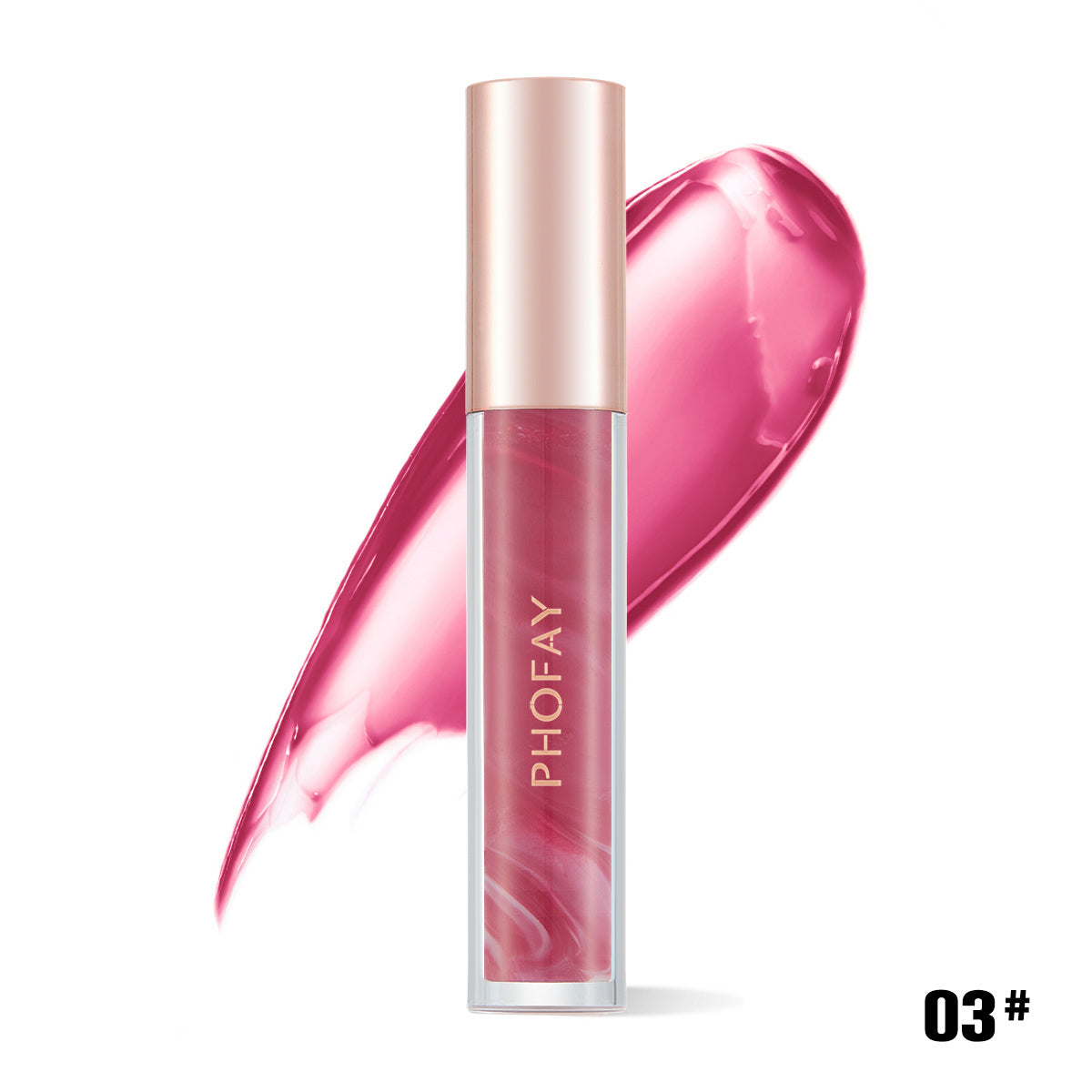 A tube of PHOFAY Luxe Cosmetics Rose Blooming Hydrating Lip Gloss stands upright before a swatch of the same shade, with 03# shown in the bottom right corner.