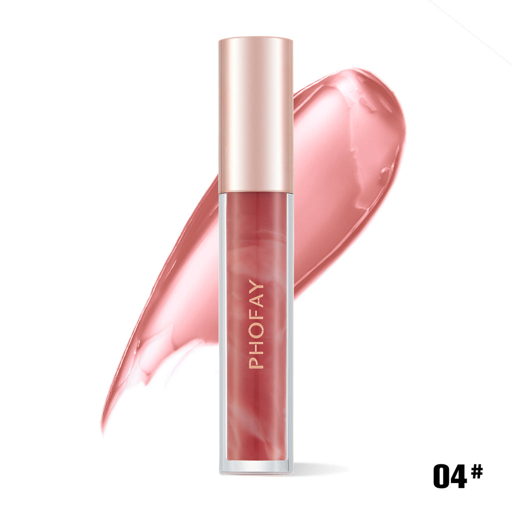 A tube of PHOFAY Rose Blooming Hydrating Lip Gloss by PHOFAY Luxe Cosmetics with a rose gold cap is displayed before a pink smear on white. Labeled shade 04#, it offers rich color and lasting moisture with its hydrating formula.