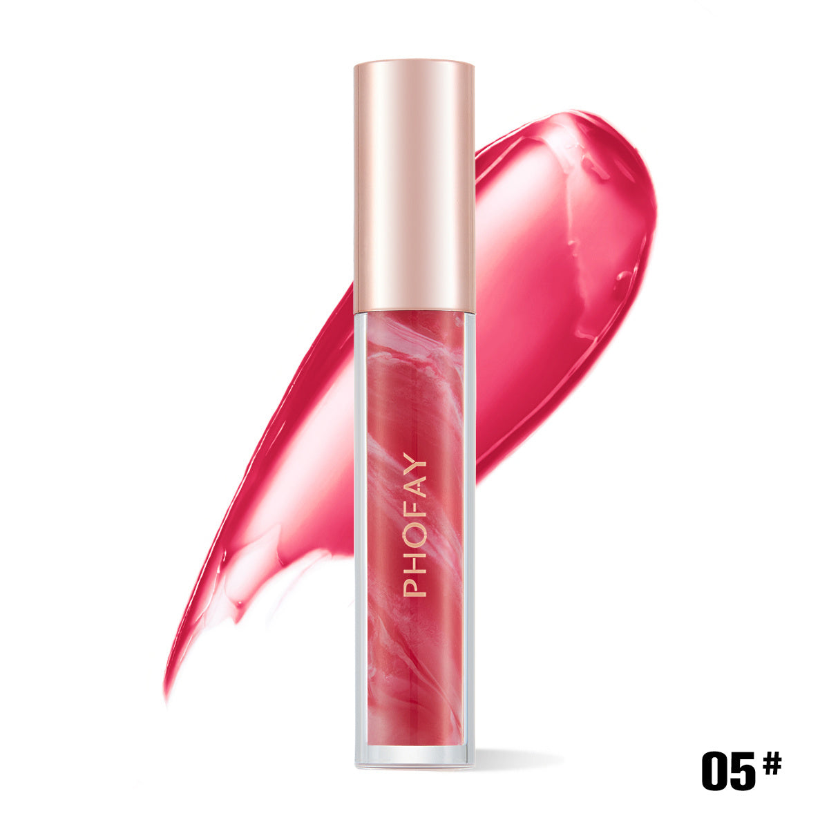A tube of PHOFAY Luxe Cosmetics Rose Blooming Hydrating Lip Gloss with a marble pink design stands before a bold pink smear, while 05# appears in the bottom right corner.