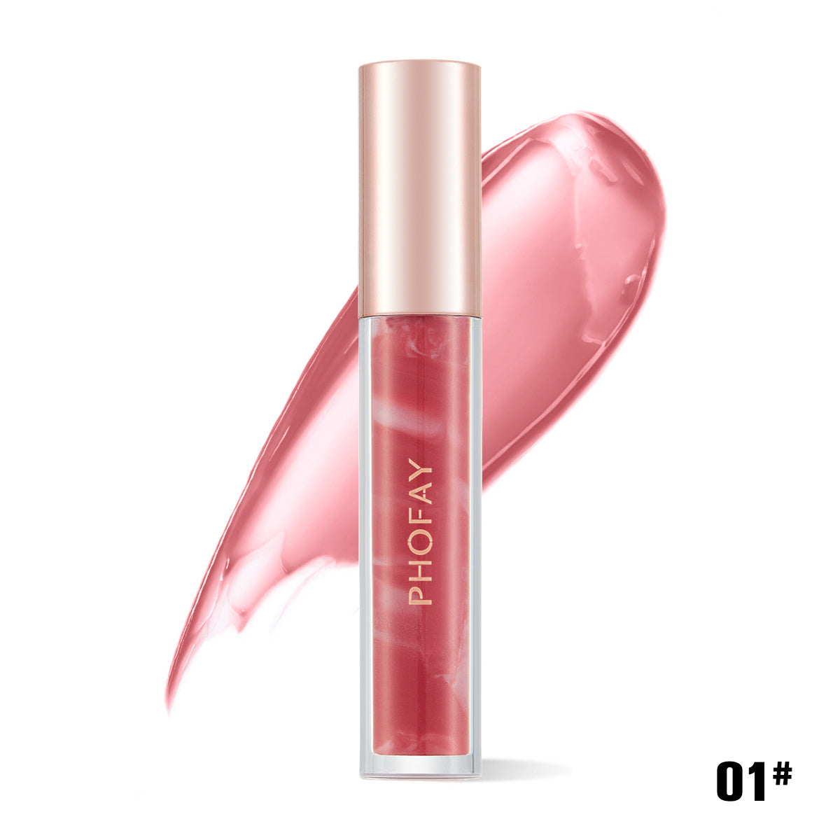 A tube of PHOFAY Rose Blooming Hydrating Lip Gloss by PHOFAY Luxe Cosmetics, with a rose gold cap, is displayed before a pink smear. 01# appears in black at the bottom right, highlighting its vegan and cruelty-free formula.