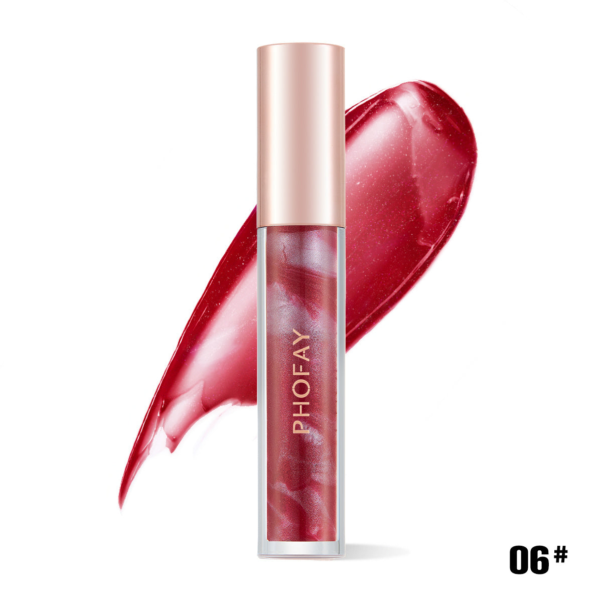 A tube of PHOFAY Luxe Cosmetics Rose Blooming Hydrating Lip Gloss with a metallic rose gold cap is displayed in front of a vibrant red swatch, with the shade number “06#” shown in bold black text at the bottom right corner.