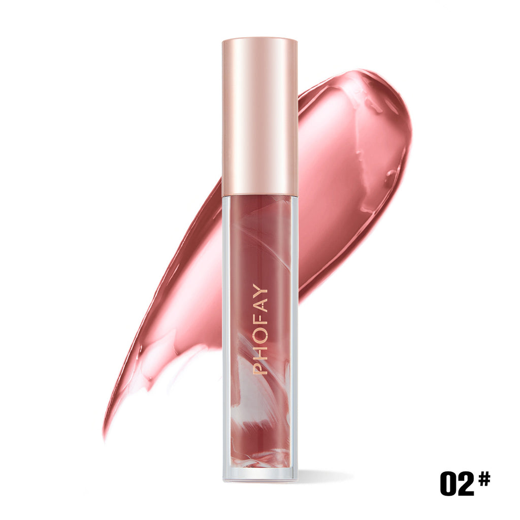 A tube of PHOFAY Rose Blooming Hydrating Lip Gloss by PHOFAY Luxe Cosmetics with a rose gold cap is shown before a pinkish-mauve swatch, highlighting its rose-tinted formula and shade 02# in the bottom right corner.