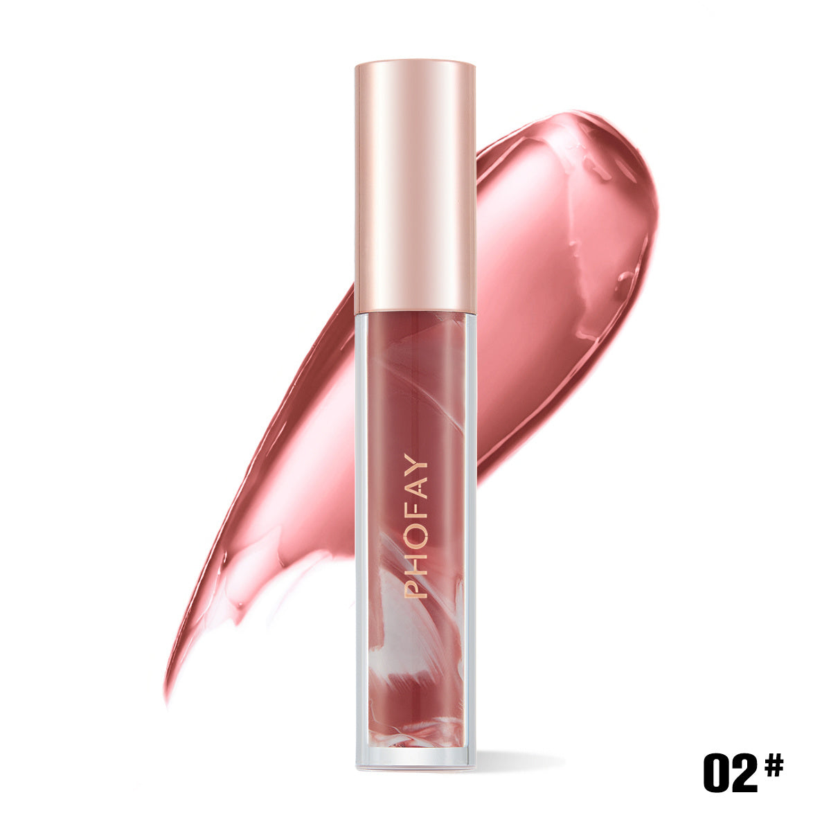 A tube of PHOFAY Rose Blooming Hydrating Lip Gloss by PHOFAY Luxe Cosmetics with a rose gold cap is shown before a pinkish-mauve swatch, highlighting its rose-tinted formula and shade 02# in the bottom right corner.