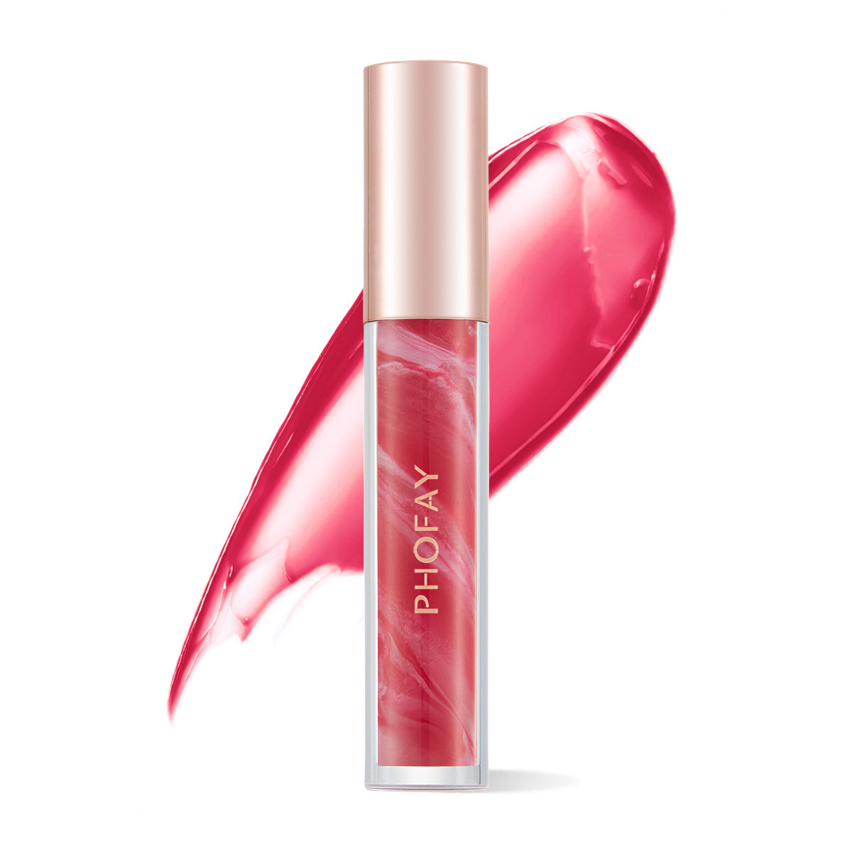A tube of PHOFAY Rose Blooming Hydrating Lip Gloss by PHOFAY Luxe Cosmetics with a gold cap and marble design stands before a pink gloss smear on a white background. The product is vegan.