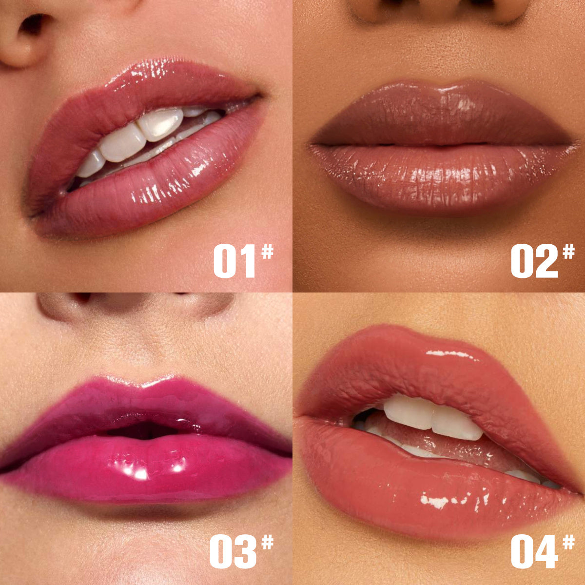 A collage of four close-up lip images, each wearing a different shade of PHOFAY Rose Blooming Hydrating Lip Gloss by PHOFAY Luxe Cosmetics, labeled 01#, 02#, 03#, and 04#. The Rose Blooming shade imparts a fresh, radiant look.