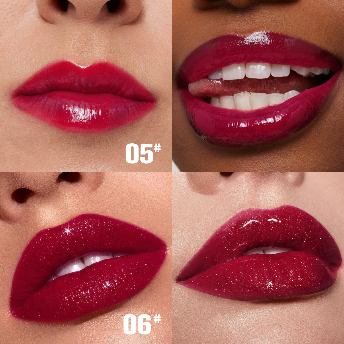 A collage of four close-ups shows lips of different poses and skin tones wearing PHOFAY Rose Blooming Hydrating Lip Gloss by PHOFAY Luxe Cosmetics in glossy red shades 05# and 06#, highlighting their shiny, vegan finish.