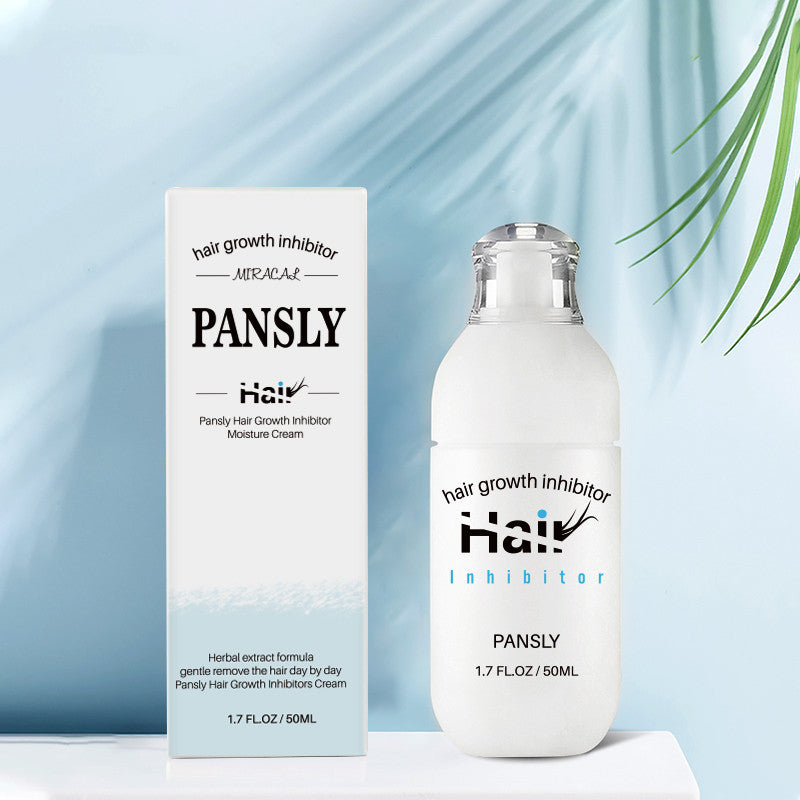 A bottle and box of PANSLY Hair Removal Cream, 100ml, by PANSLY, displayed on a light blue surface with a green palm leaf shadow—ideal for smooth, silky skin.