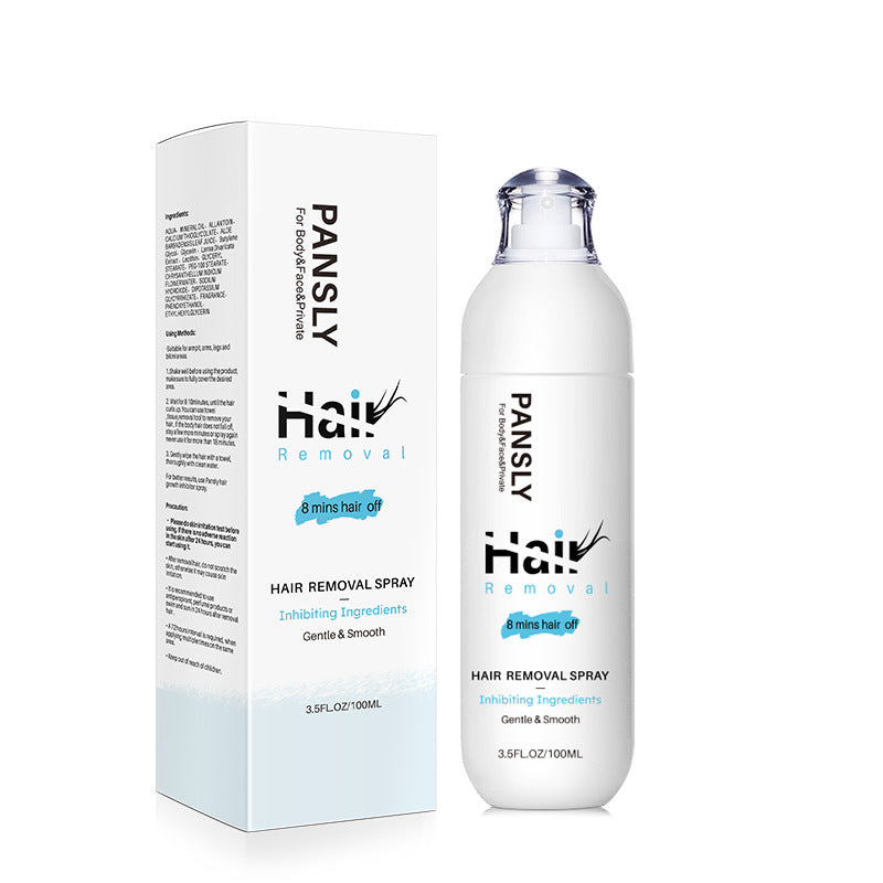A white bottle and box of PANSLY Hair Removal Cream – 100ml from PANSLY, infused with plant-based essential oils. The packaging has blue accents and black product details, labeled “Gentle & Smooth.”.
